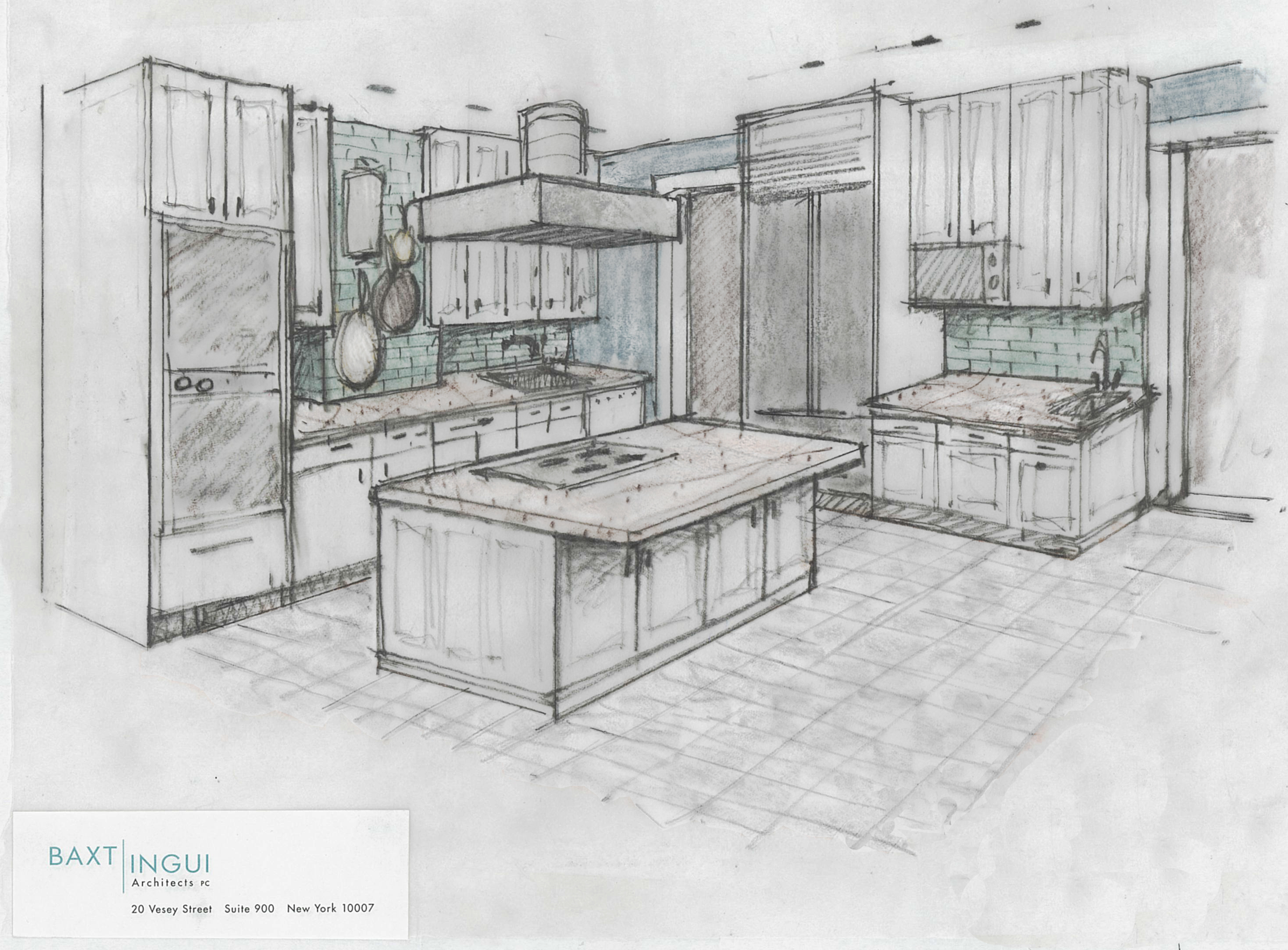 Scan of a pencil sketch detailing a concept for a Brooklyn kitchen. Custom cabinets, island with stove, and range hood above.